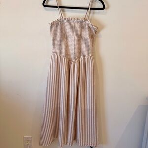 NWT Paper Heart Chic Beige Striped Smocked Midi Dress